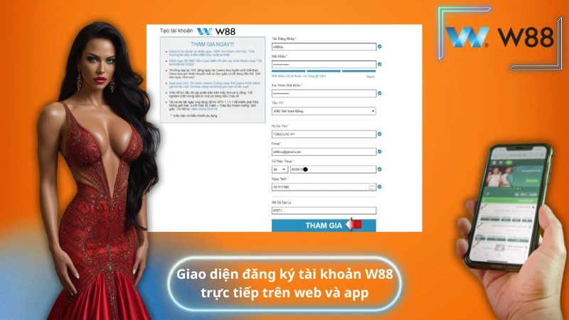 Giao diện đăng ký tài khoản W88 trực tiếp trên web và app