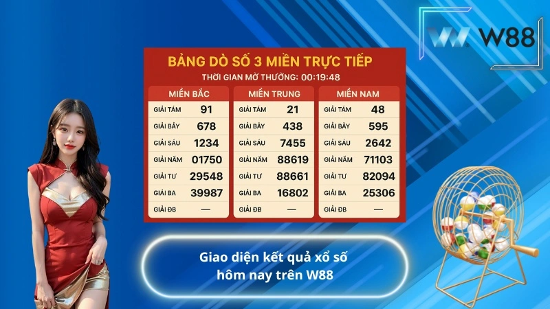 Giao diện kết quả xổ số hôm nay trên W88